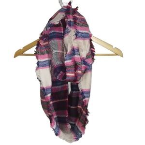 Pink Blue & White Plaid Oversized Fringed Infinity Scarf NWOT